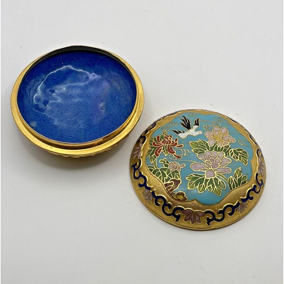 Vintage Cloisonné Gold Bird Floral Flowers Lidded Trinket Box Dish Used - Picture 7 of 12